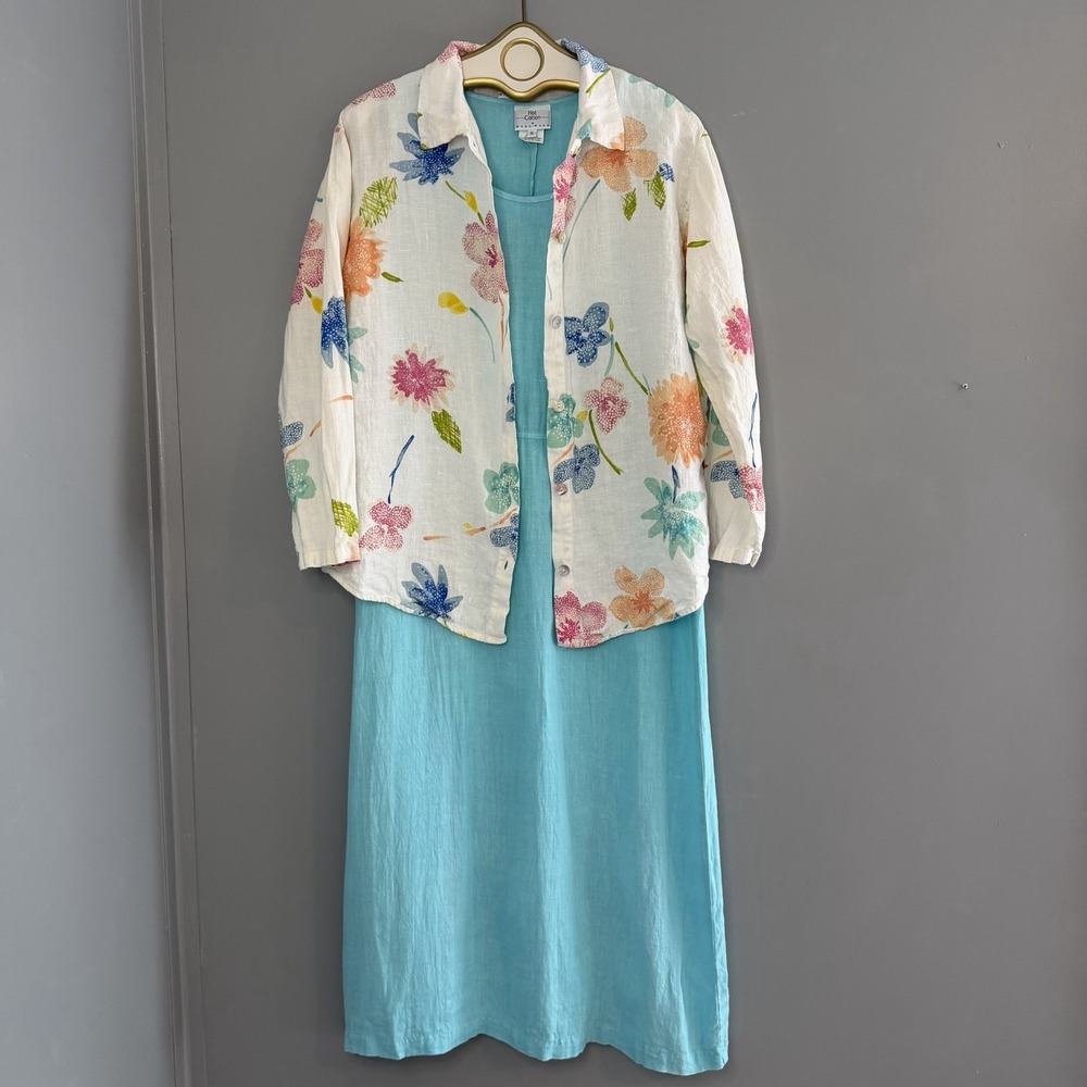 Vtg Hot Cotton Marc Ware 100% Linen Floral Button Up Shirt & Maxi Dress Set SM